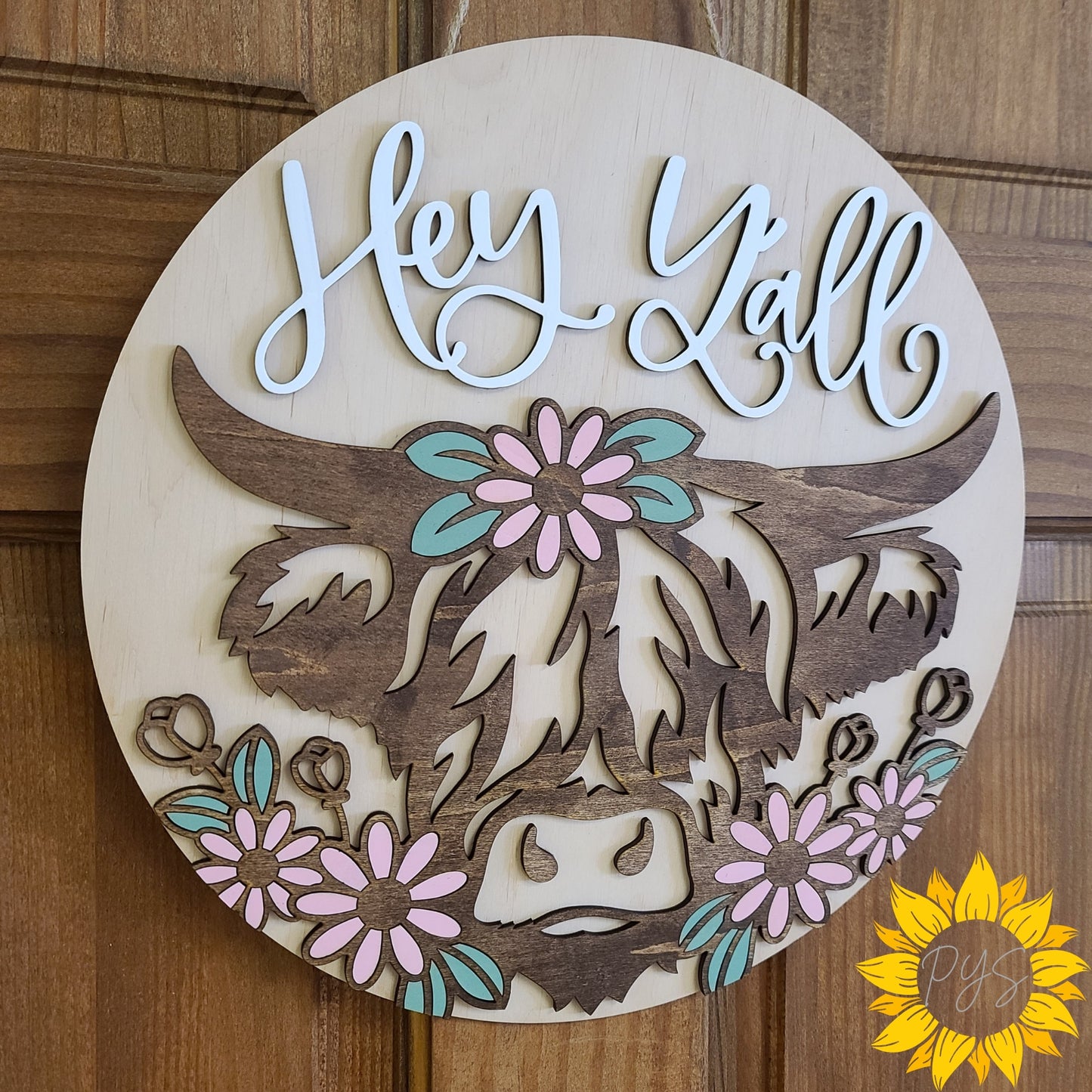 Hey Y’all Highland Cow Door Sign 🌸 12” Wooden Farmhouse Decor