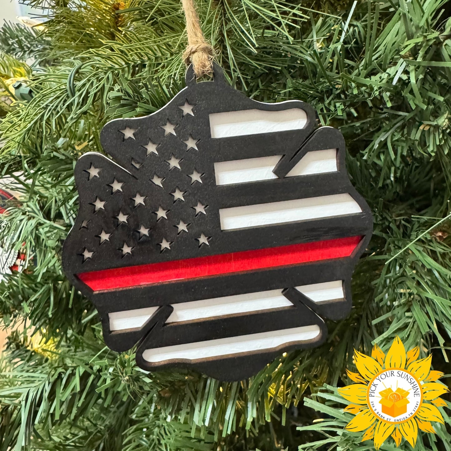 “Thin Red Line” Hand-Painted Firefighter Ornament with Thank You Card | Layered Wood Tribute