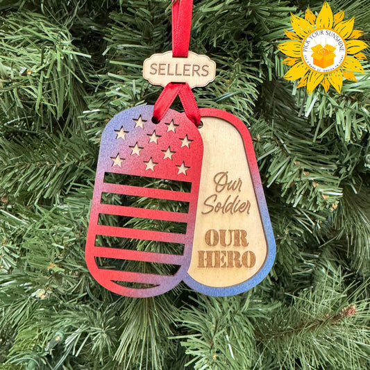 Patriotic Military Dog Tag Ornament – Hand-Painted Layered Wood (Personalized Option)
