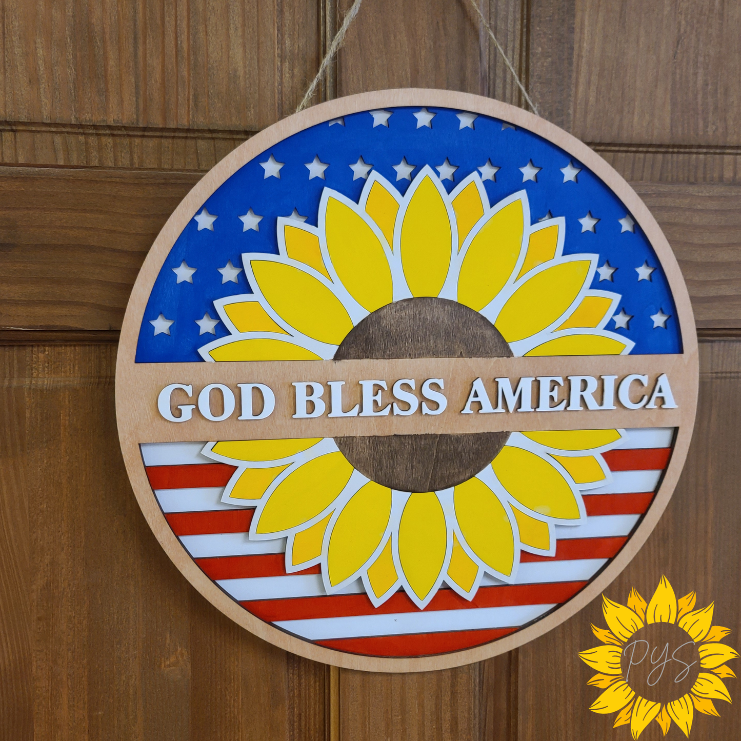 God Bless America Sunflower Wooden Door Hanger | Patriotic Front Door Sign | Americana Home Decor
