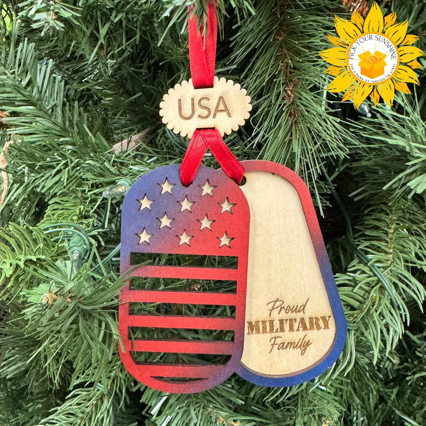 Patriotic Military Dog Tag Ornament – Hand-Painted Layered Wood (Personalized Option)