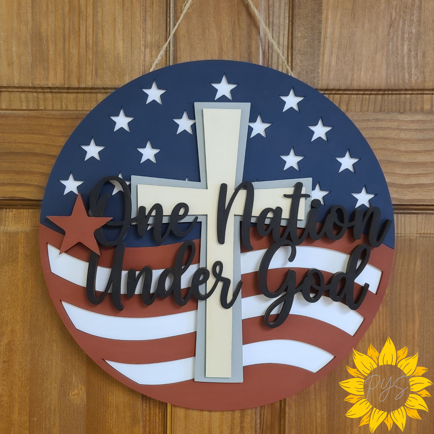 One Nation Under God Wooden Door Hanger | Patriotic Cross Front Door Sign | Christian Americana Decor