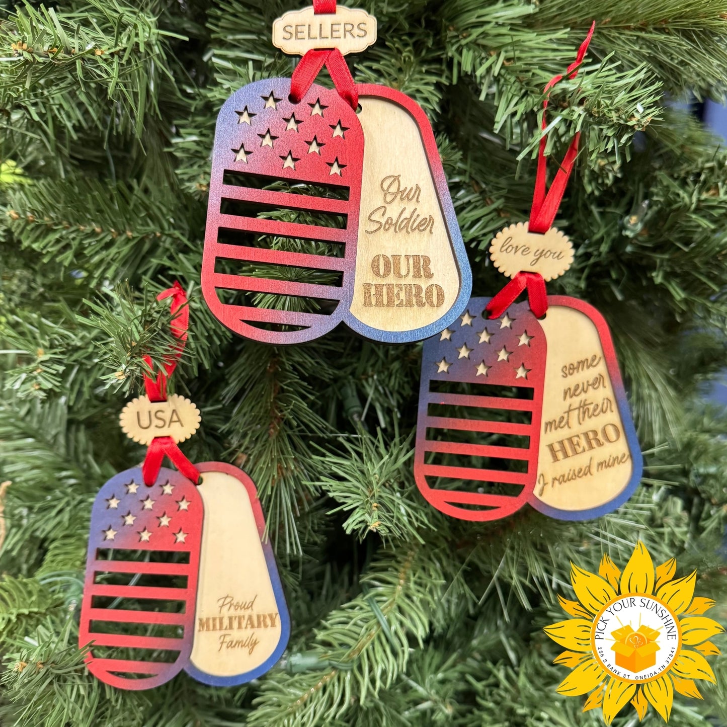 Patriotic Military Dog Tag Ornament – Hand-Painted Layered Wood (Personalized Option)