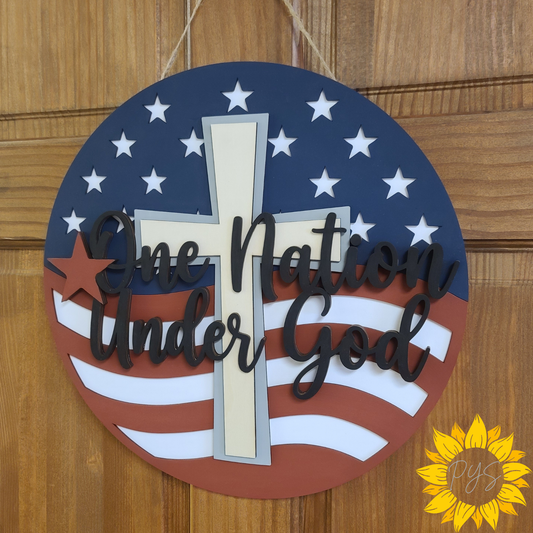 One Nation Under God Wooden Door Hanger | Patriotic Cross Front Door Sign | Christian Americana Decor