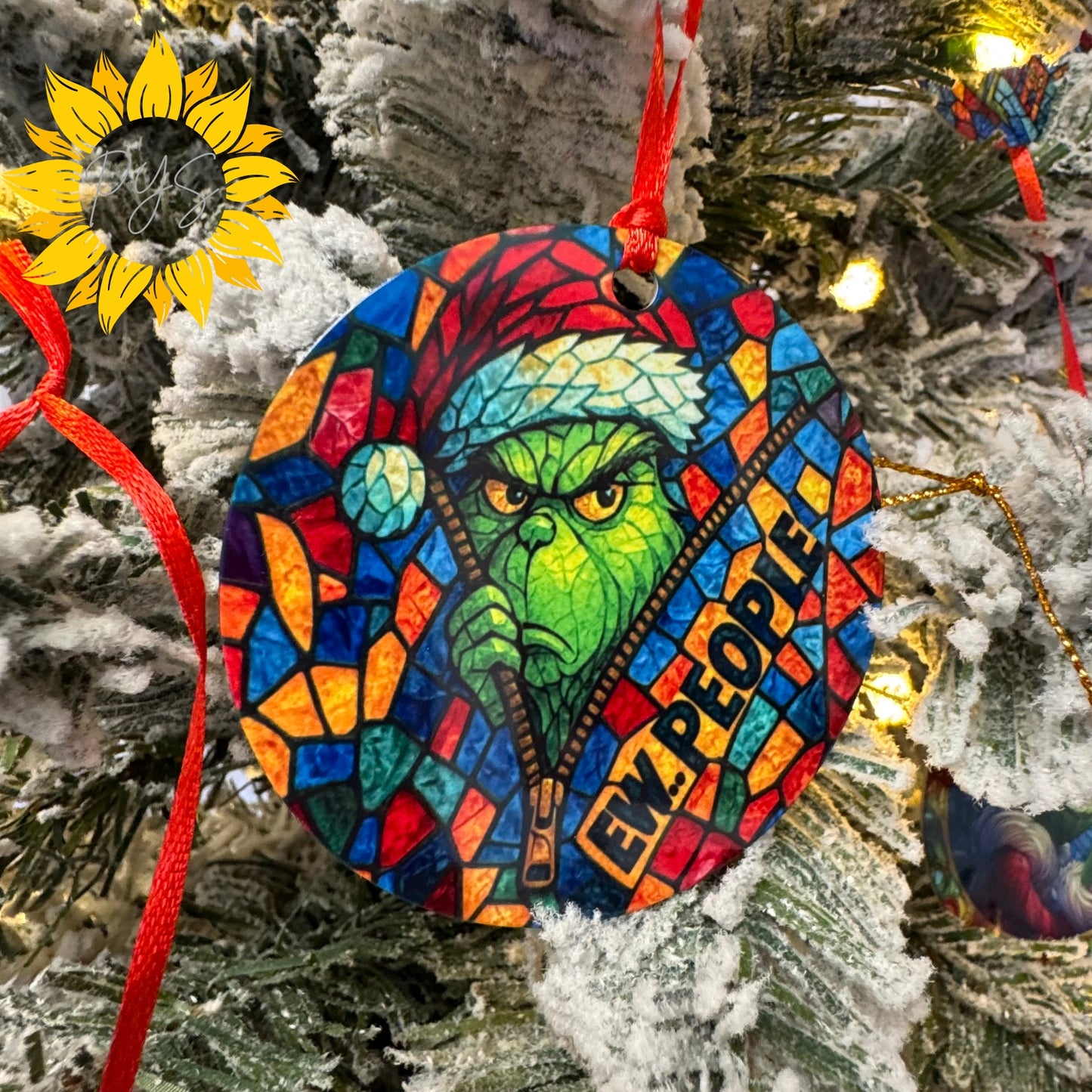 Stained Glass Grinch Double-Sided Metal Ornament – 3.5" Christmas Tree Decoration