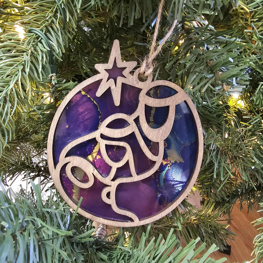 “O Holy Night” Nativity Ornament Layered Wood with Stained Glass Effect