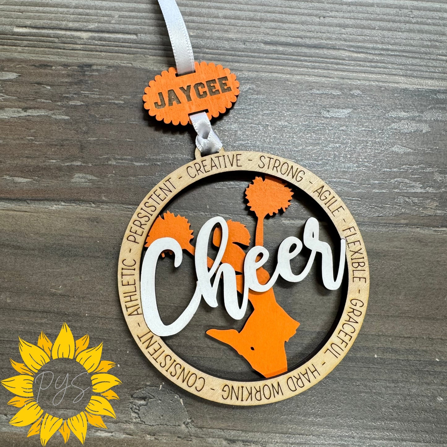 Custom Cheerleader Tag — Personalized Layered Wood Cheer Gift with 5x7 Card