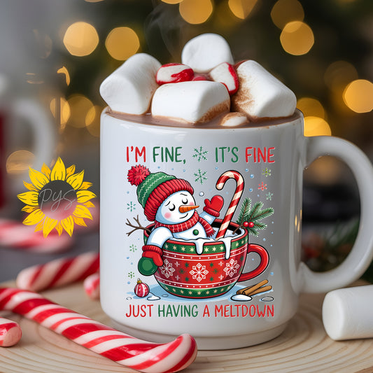 I’m Fine It’s Fine Just Having a Meltdown Snowman Mug | Funny Christmas 15oz Coffee Mug