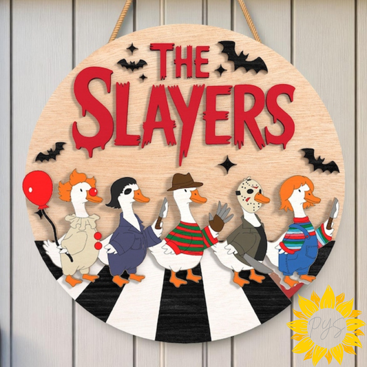 15" The Slayers Horror Goose Halloween Door Hanger | Funny Spooky Wooden Sign | Halloween Front Door Decor
