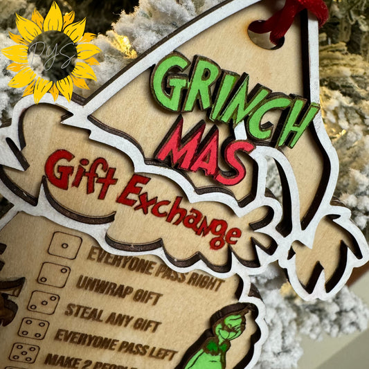 Grinchmas Gift Exchange Ornament | Layered Hand-Painted Wood Ornament with Red Dice | Funny Holiday Game Ornament