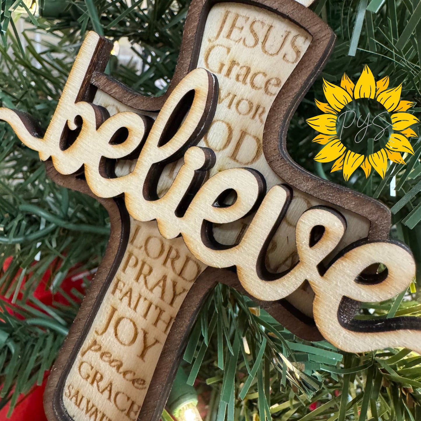 Believe Cross Ornament | Christian Christmas Ornament | Laser Cut Wood Ornament 4x4.5 | Faith Holiday Decor Gift