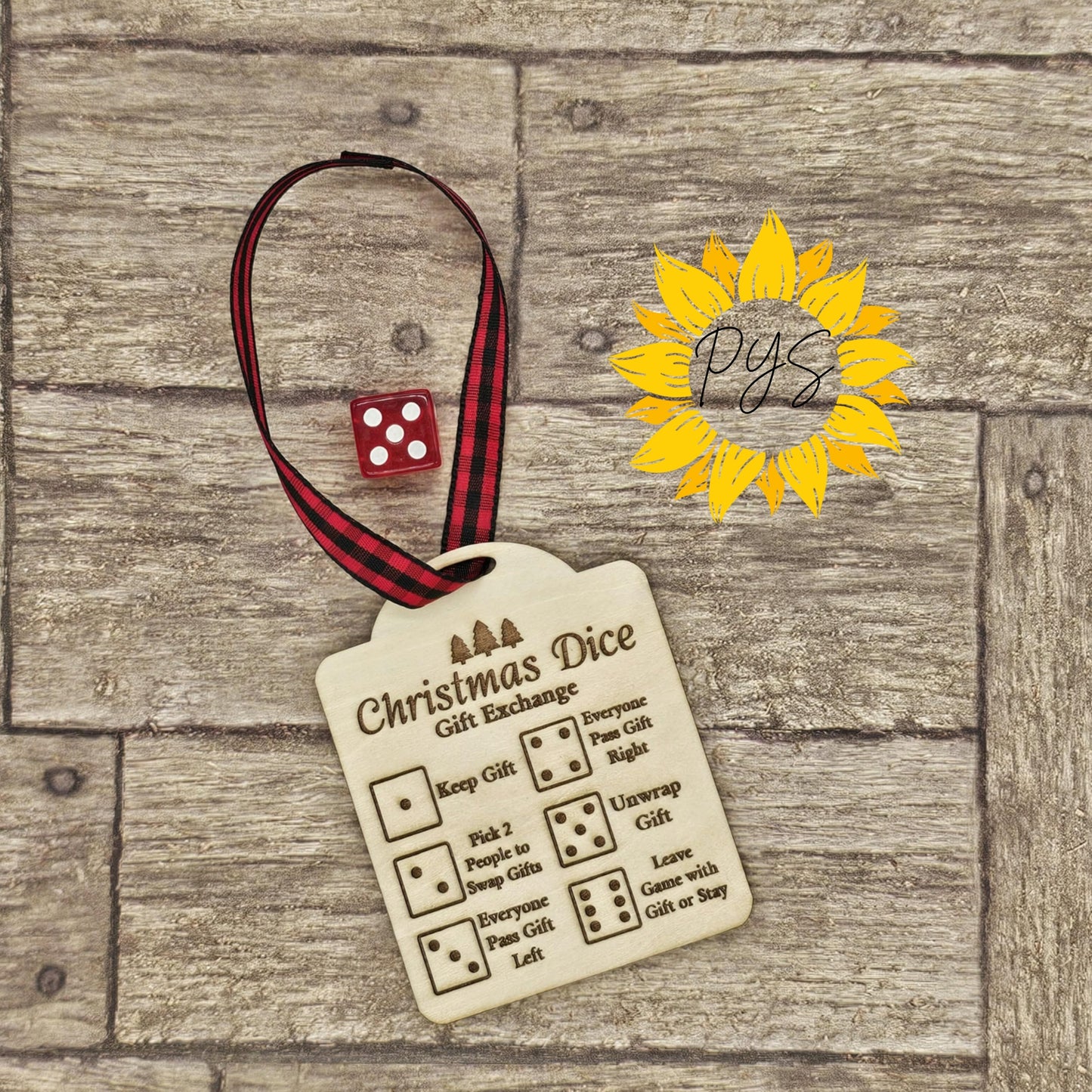 Christmas Gift Exchange with Red Dice | Holiday Party Ornament | Wood Ornament Game