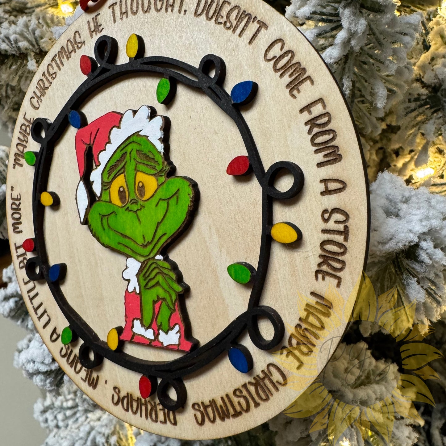 “Maybe Christmas Means a Little Bit More” Grinch Wooden Ornament with Christmas Lights | Holiday Tree Decor
