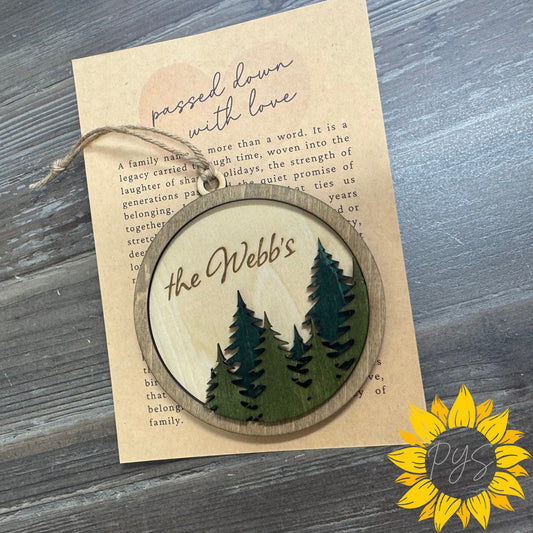 Personalized Family Forest Ornament/Tag — 4” Hand-Painted Layered Wood with 5x7 “Passed Down With Love” Card