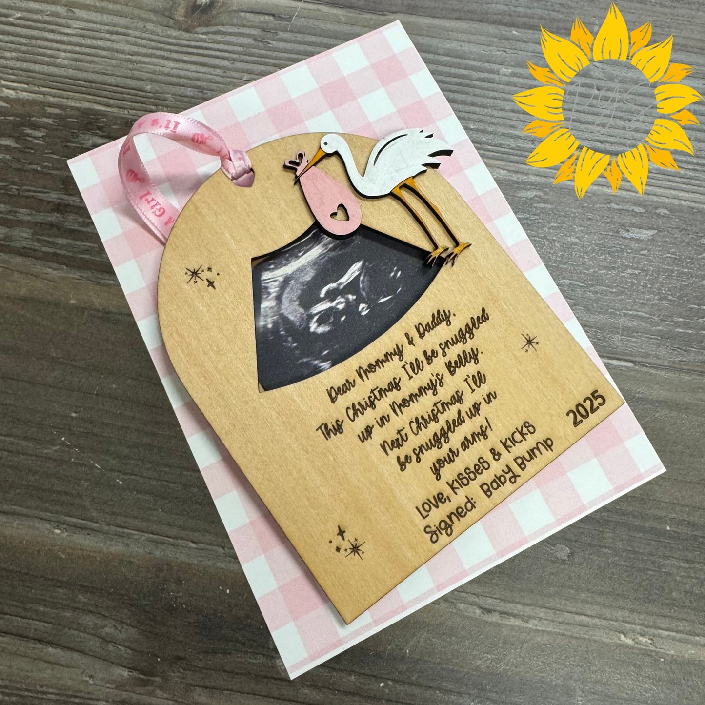 Baby Girl First Christmas Ultrasound Ornament/Tag — Personalized Stork Wood Keepsake with 5x7 Card (custom year)