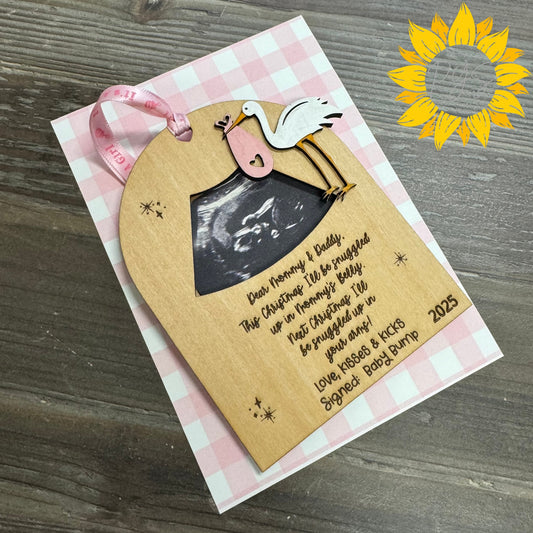Baby Girl First Christmas Ultrasound Ornament/Tag — Personalized Stork Wood Keepsake with 5x7 Card (custom year)