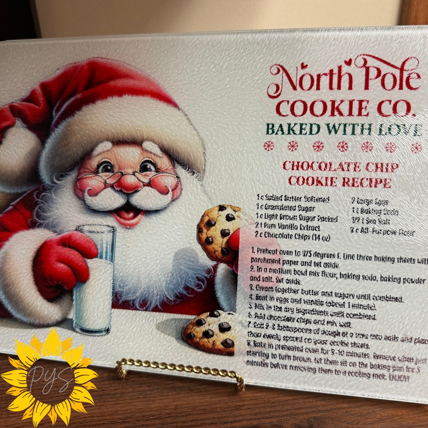 “North Pole Cookie Co.” Santa Tempered Glass Cutting Board – Chocolate Chip Recipe