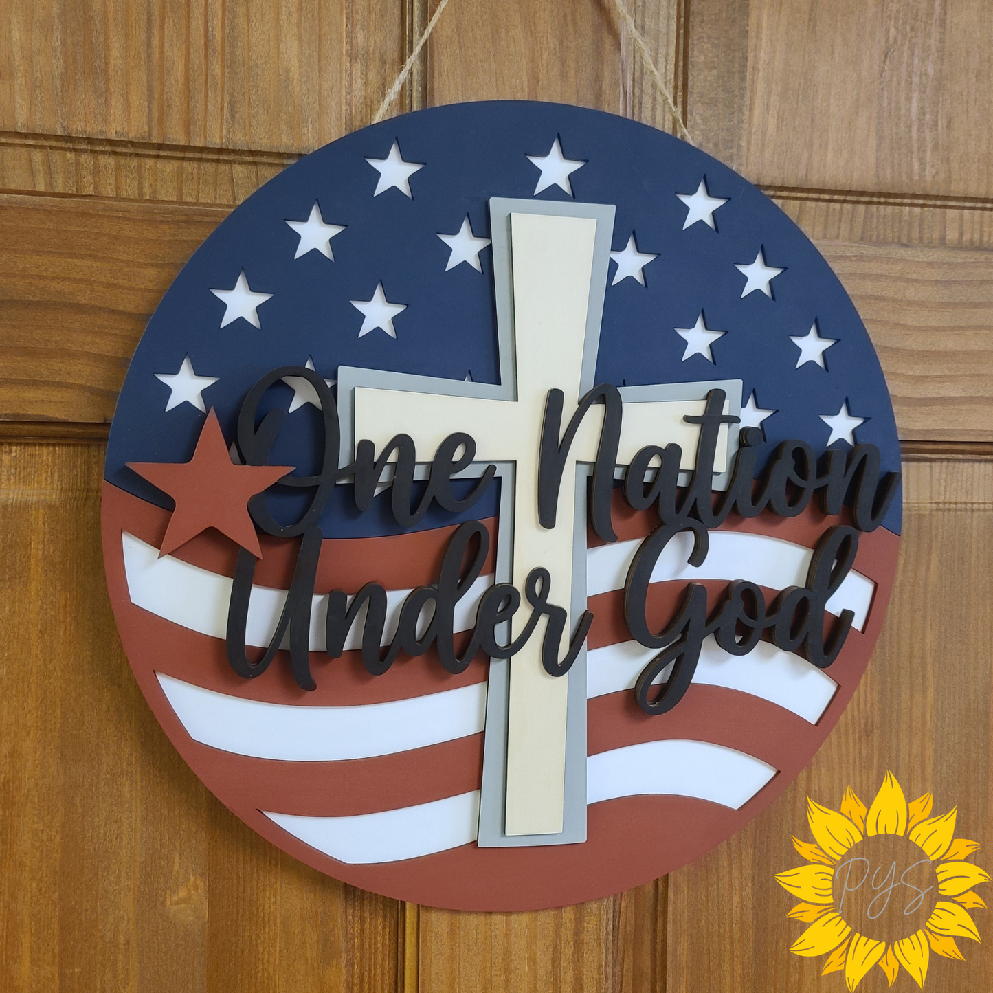 One Nation Under God Wooden Door Hanger | Patriotic Cross Front Door Sign | Christian Americana Decor
