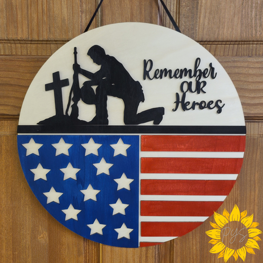 Remember Our Heroes Wooden Door Hanger | Patriotic Memorial Day Front Door Sign | Military Tribute Decor
