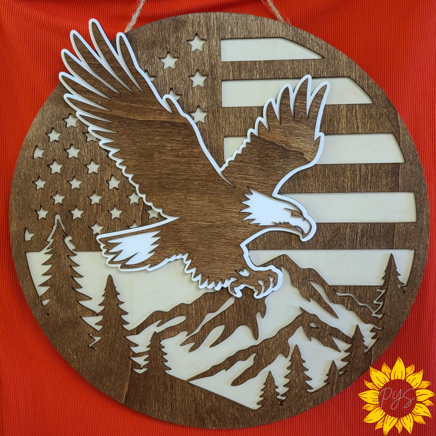 Rustic Patriotic Eagle Wooden Door Hanger | American Flag & Mountain Scene | Front Door Americana Decor