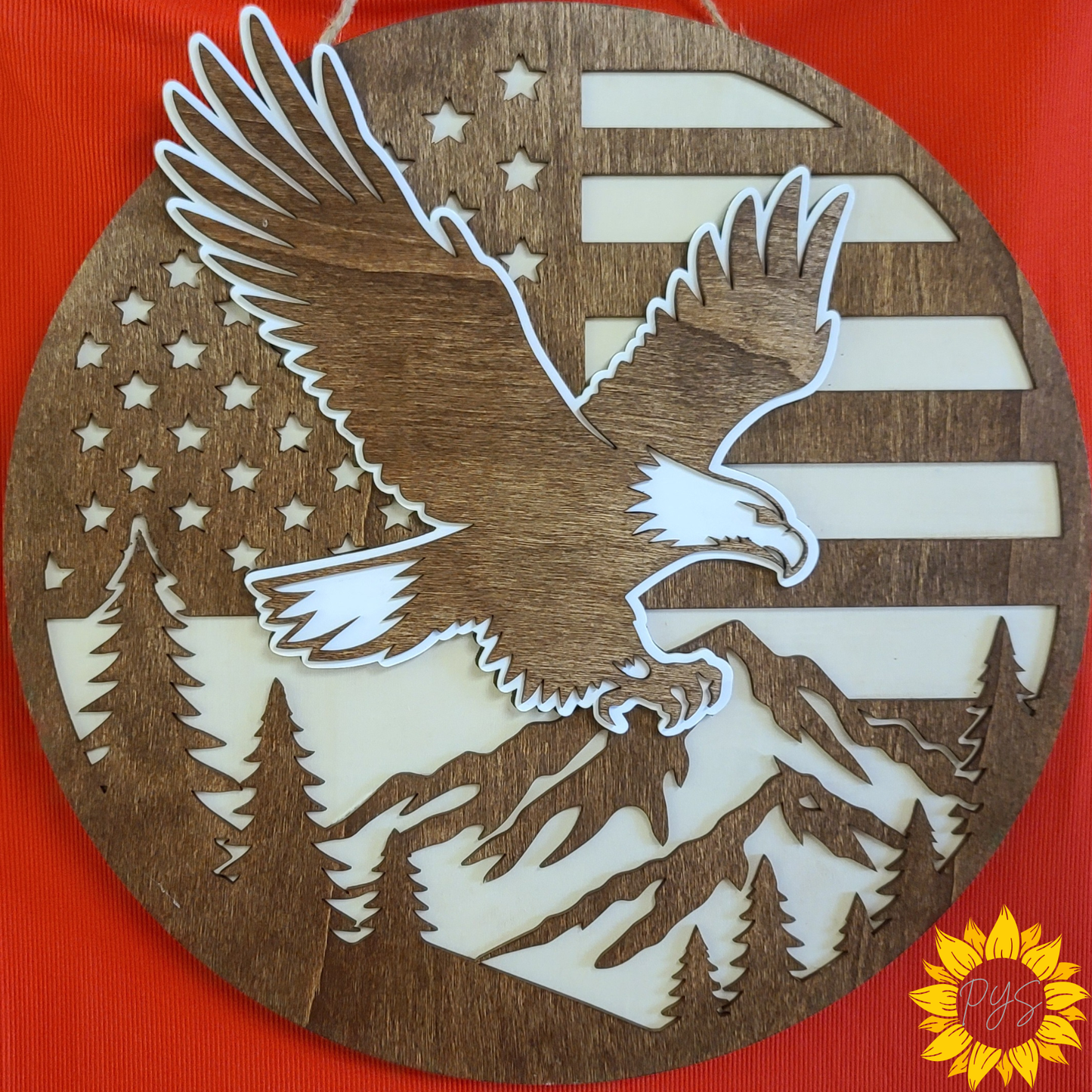 Rustic Patriotic Eagle Wooden Door Hanger | American Flag & Mountain Scene | Front Door Americana Decor