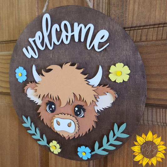 Welcome Highland Cow Door Hanger 🌼 Farmhouse Cow Door Sign