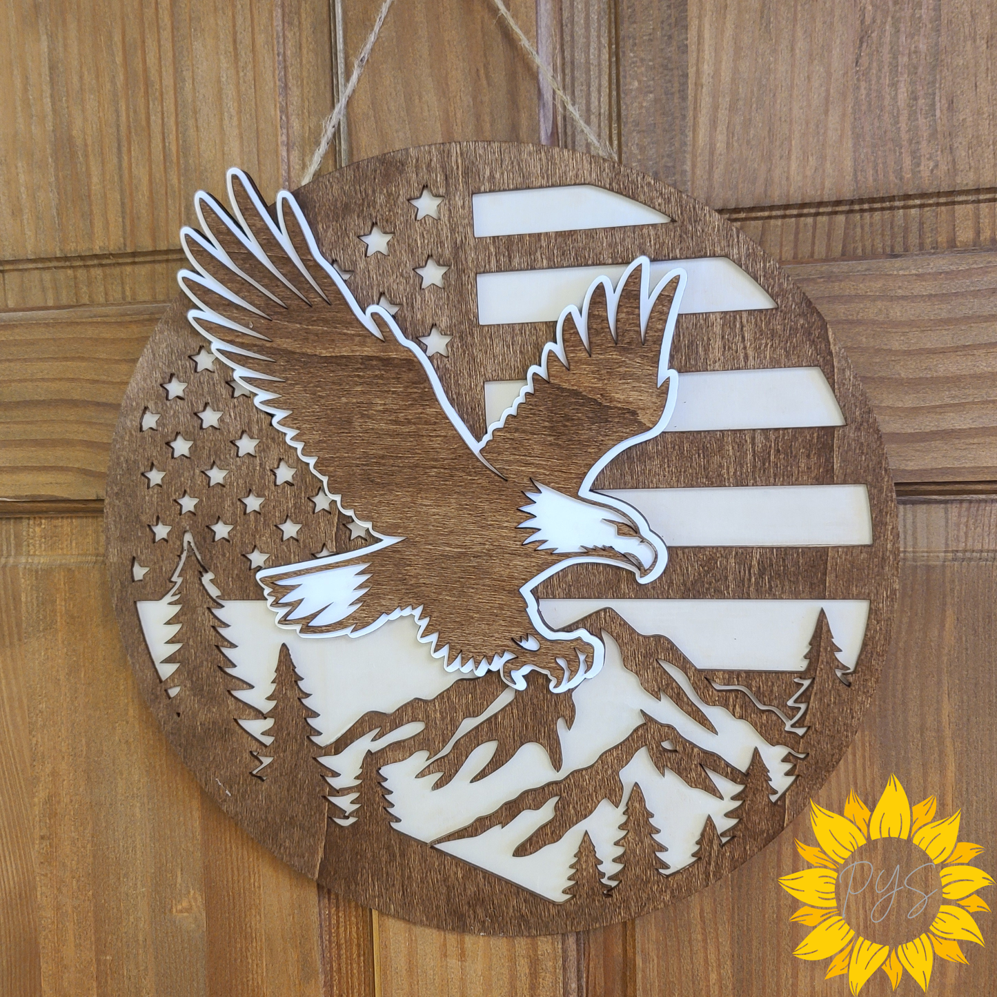 Rustic Patriotic Eagle Wooden Door Hanger | American Flag & Mountain Scene | Front Door Americana Decor