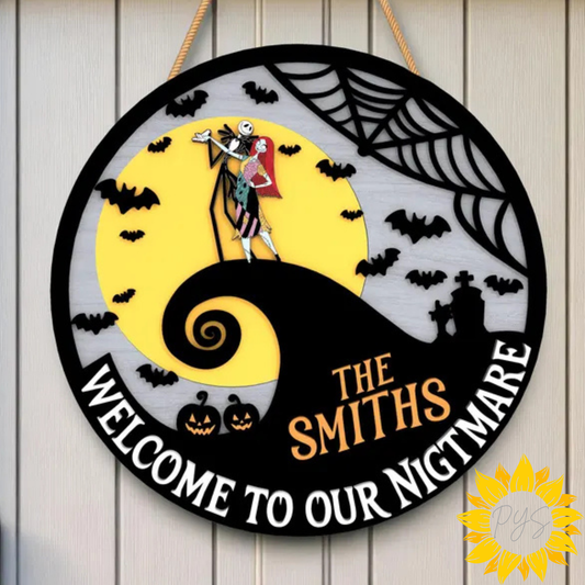 🎃 15" Welcome to Our Nightmare Personalized Halloween Door Hanger | Spooky Couple Wooden Sign | Custom Family Decor