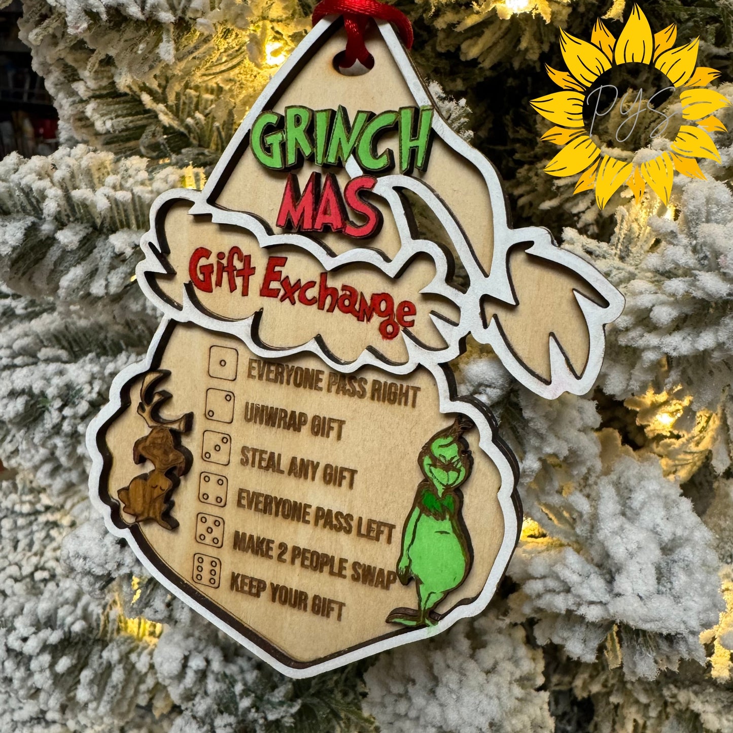 Grinchmas Gift Exchange Ornament | Layered Hand-Painted Wood Ornament with Red Dice | Funny Holiday Game Ornament