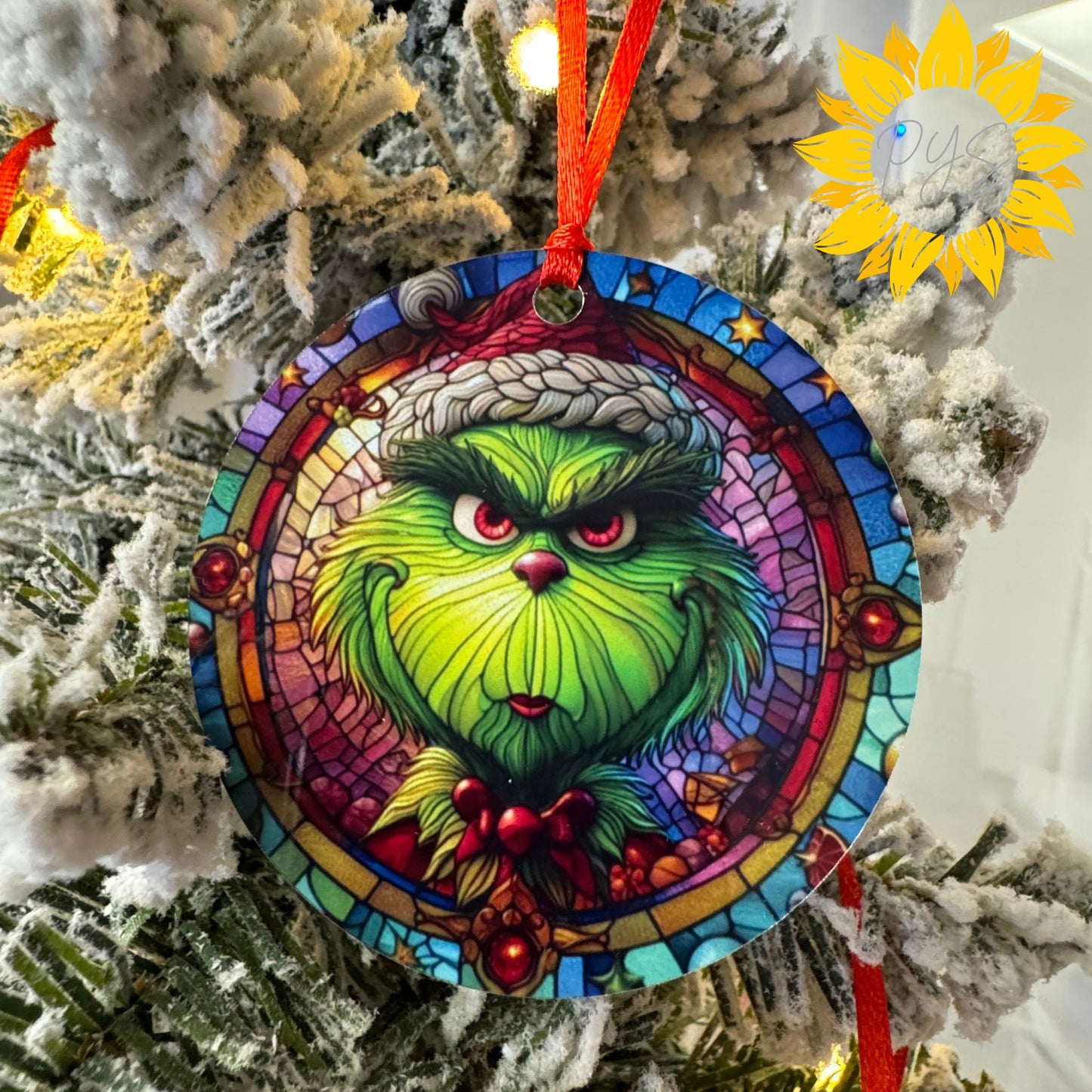 Stained Glass Grinch Double-Sided Metal Ornament – 3.5" Christmas Tree Decoration