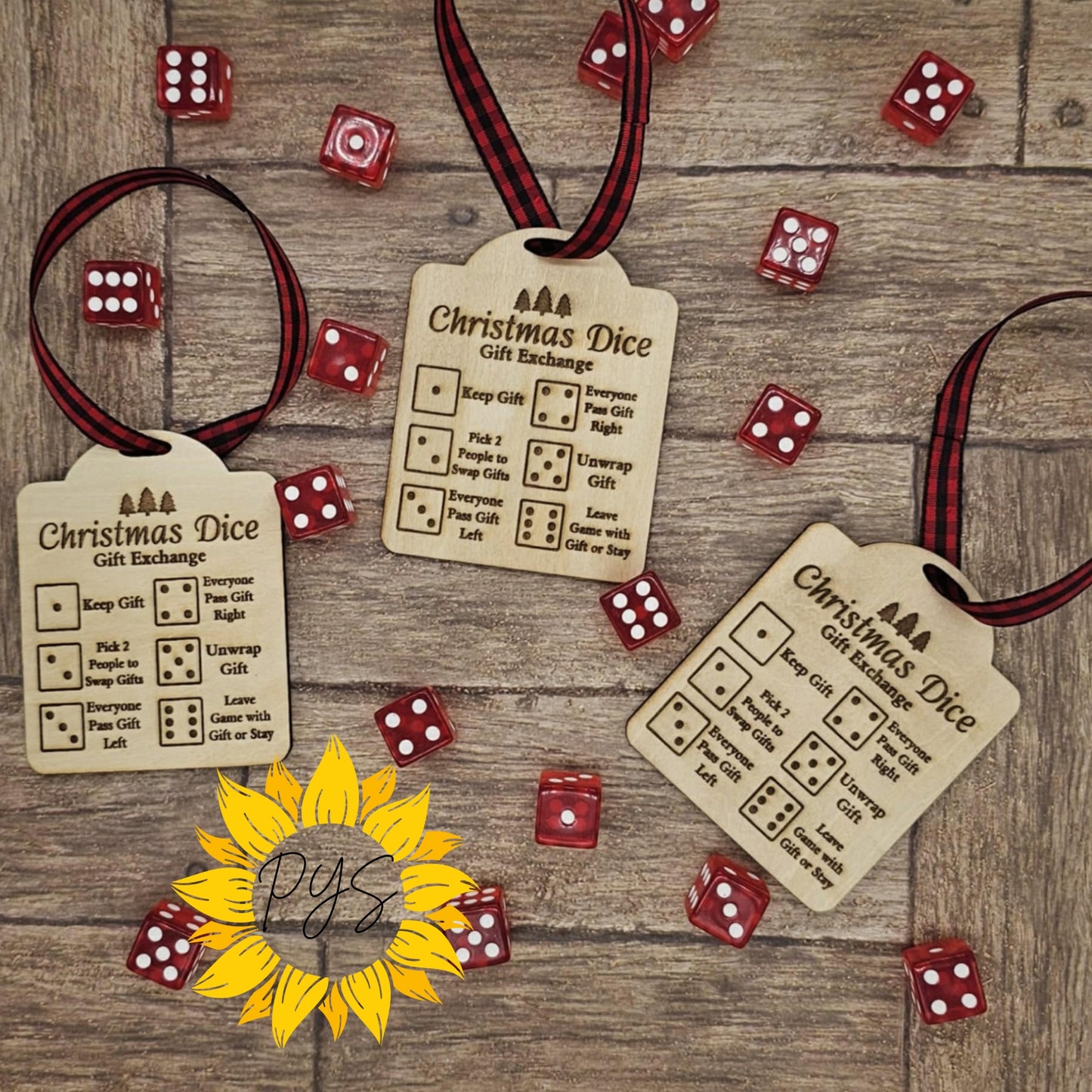Christmas Gift Exchange with Red Dice | Holiday Party Ornament | Wood Ornament Game
