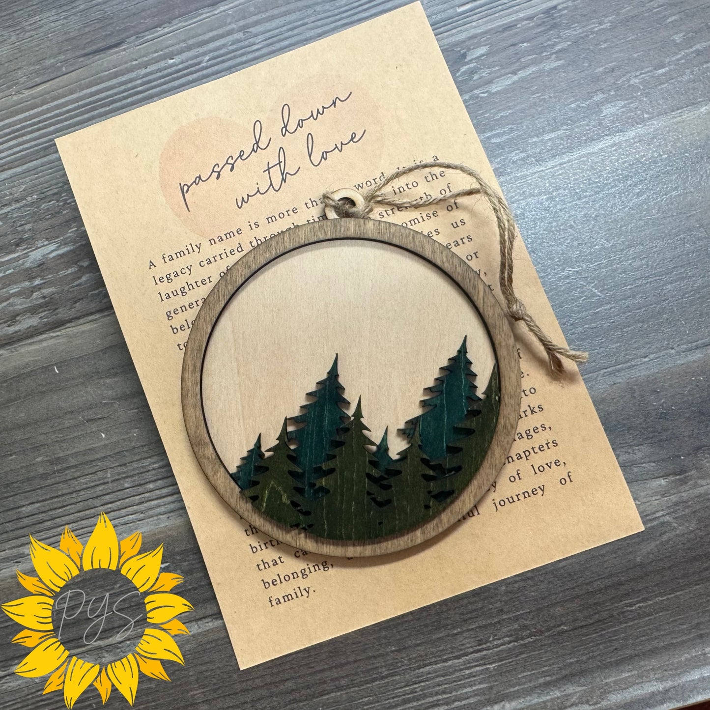 Personalized Family Forest Ornament/Tag — 4” Hand-Painted Layered Wood with 5x7 “Passed Down With Love” Card
