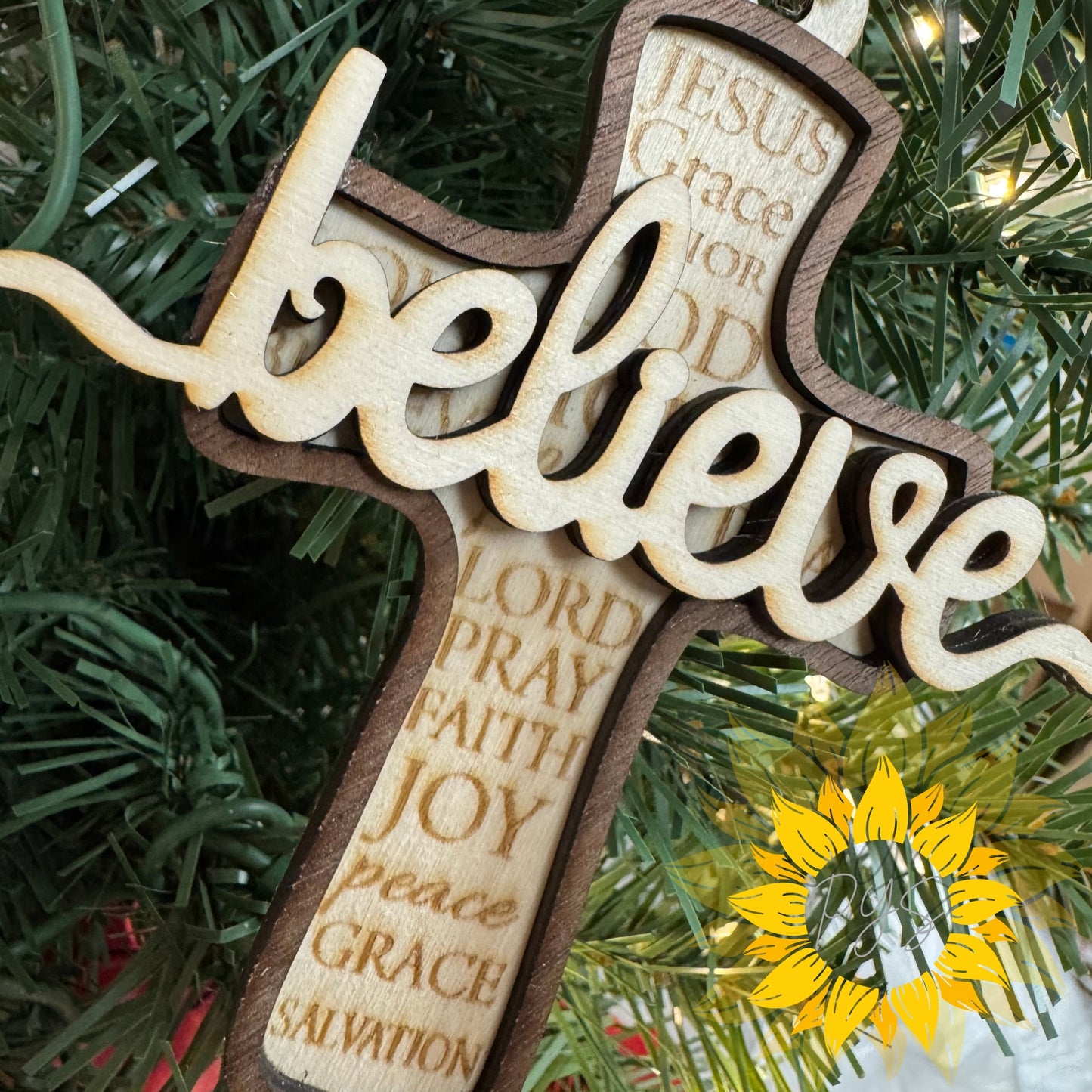 Believe Cross Ornament | Christian Christmas Ornament | Laser Cut Wood Ornament 4x4.5 | Faith Holiday Decor Gift