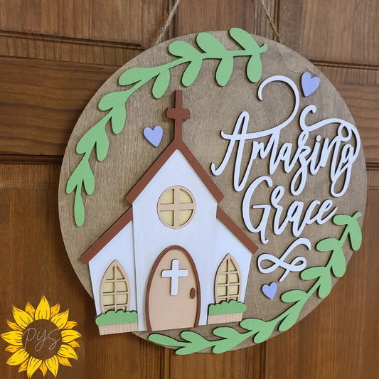 Amazing Grace Door Hanger ✝️ Layered Wood Church Sign | Christian Home Decor