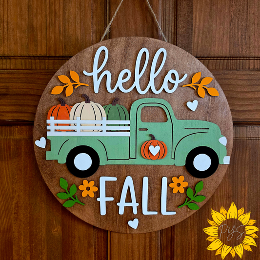 🍂 15" Hello Fall Vintage Truck Wooden Door Hanger | Pumpkin Front Door Sign | Farmhouse Autumn Decor