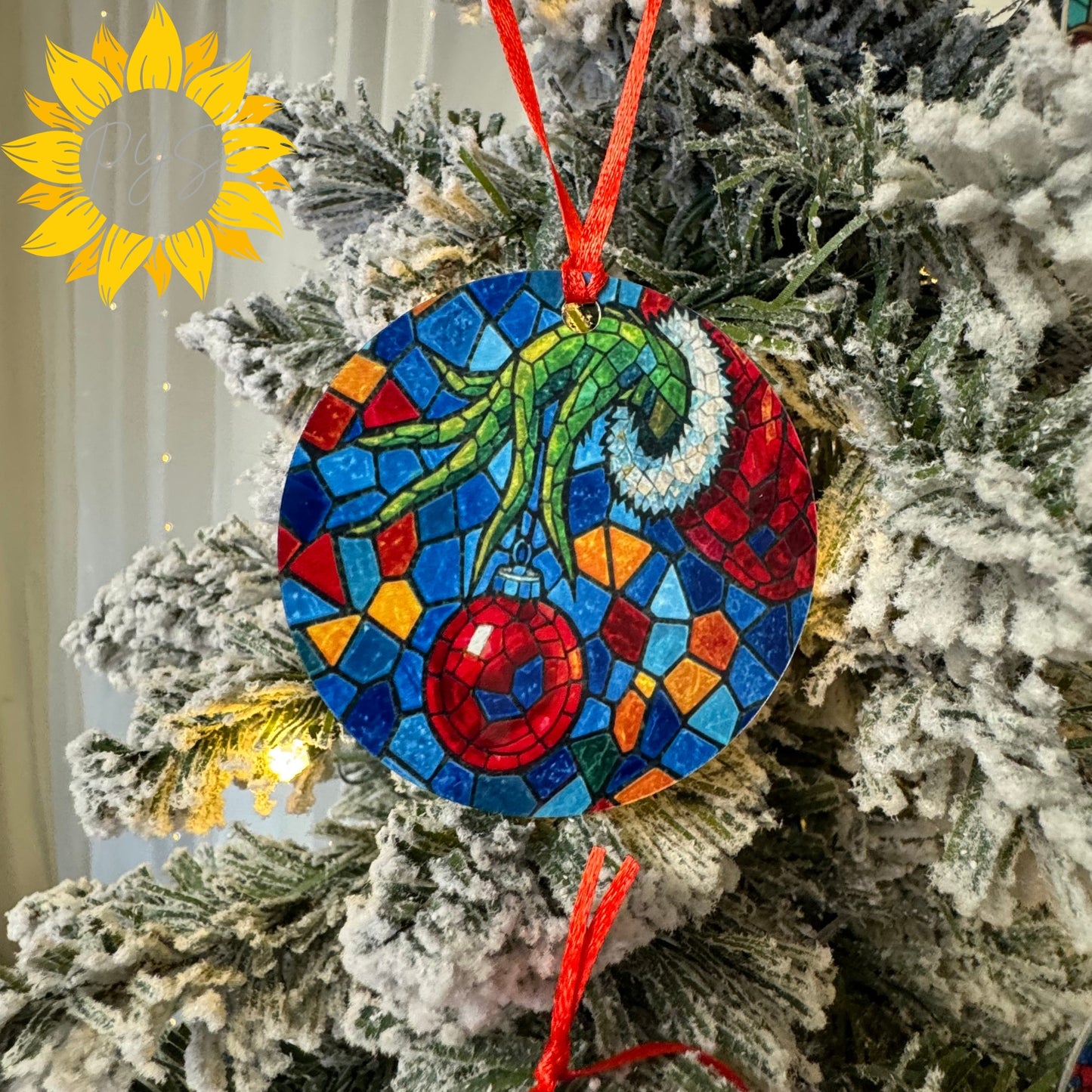 Stained Glass Grinch Double-Sided Metal Ornament – 3.5" Christmas Tree Decoration