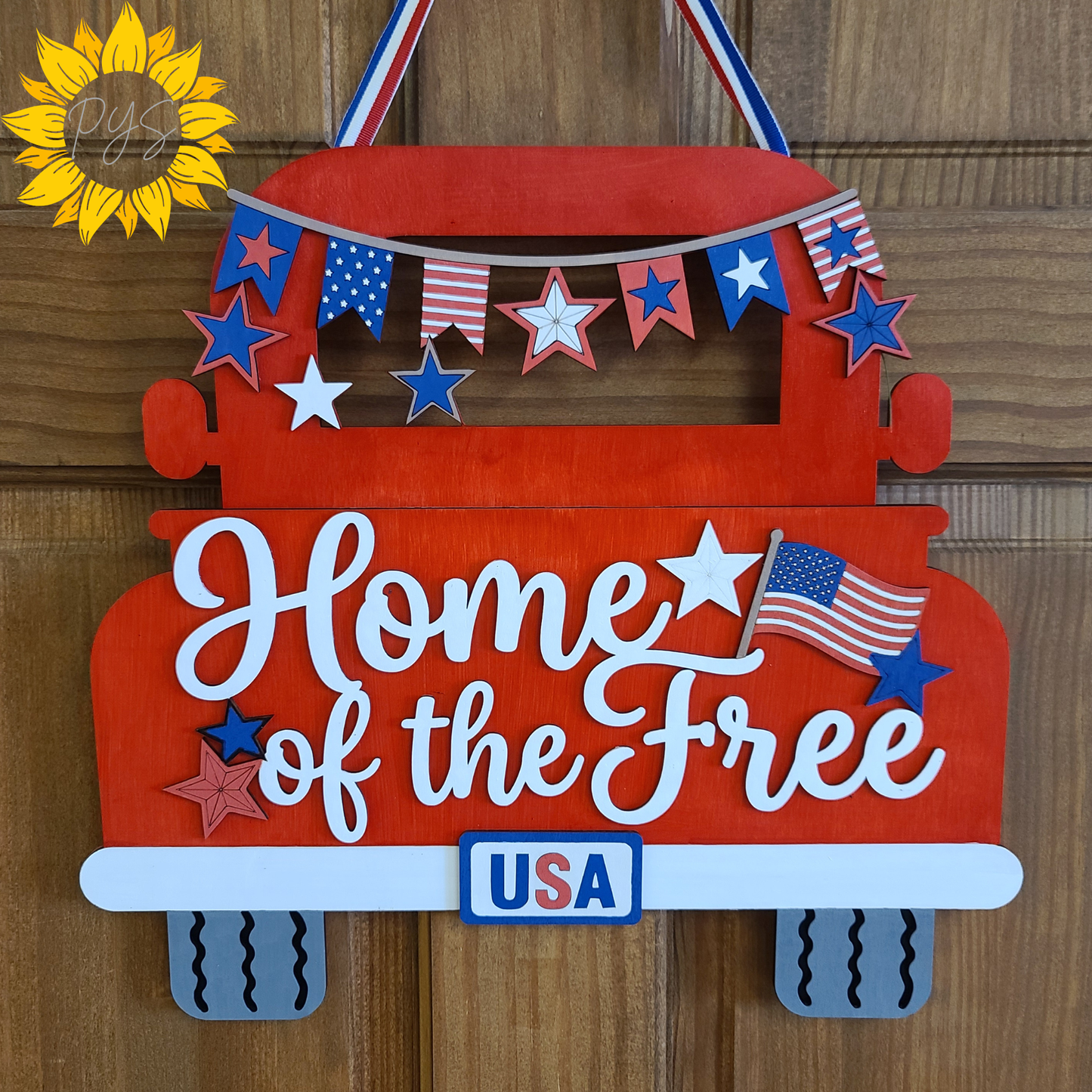 Home of the Free Patriotic Truck Door Hanger | Wooden Front Door Sign | Red White & Blue Americana Decor