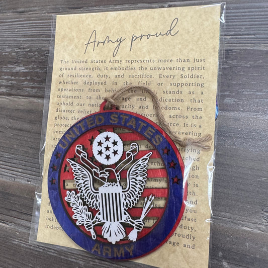 “Army Proud” Hand-Painted Ornament with Tribute Card | Layered Wood Keepsake
