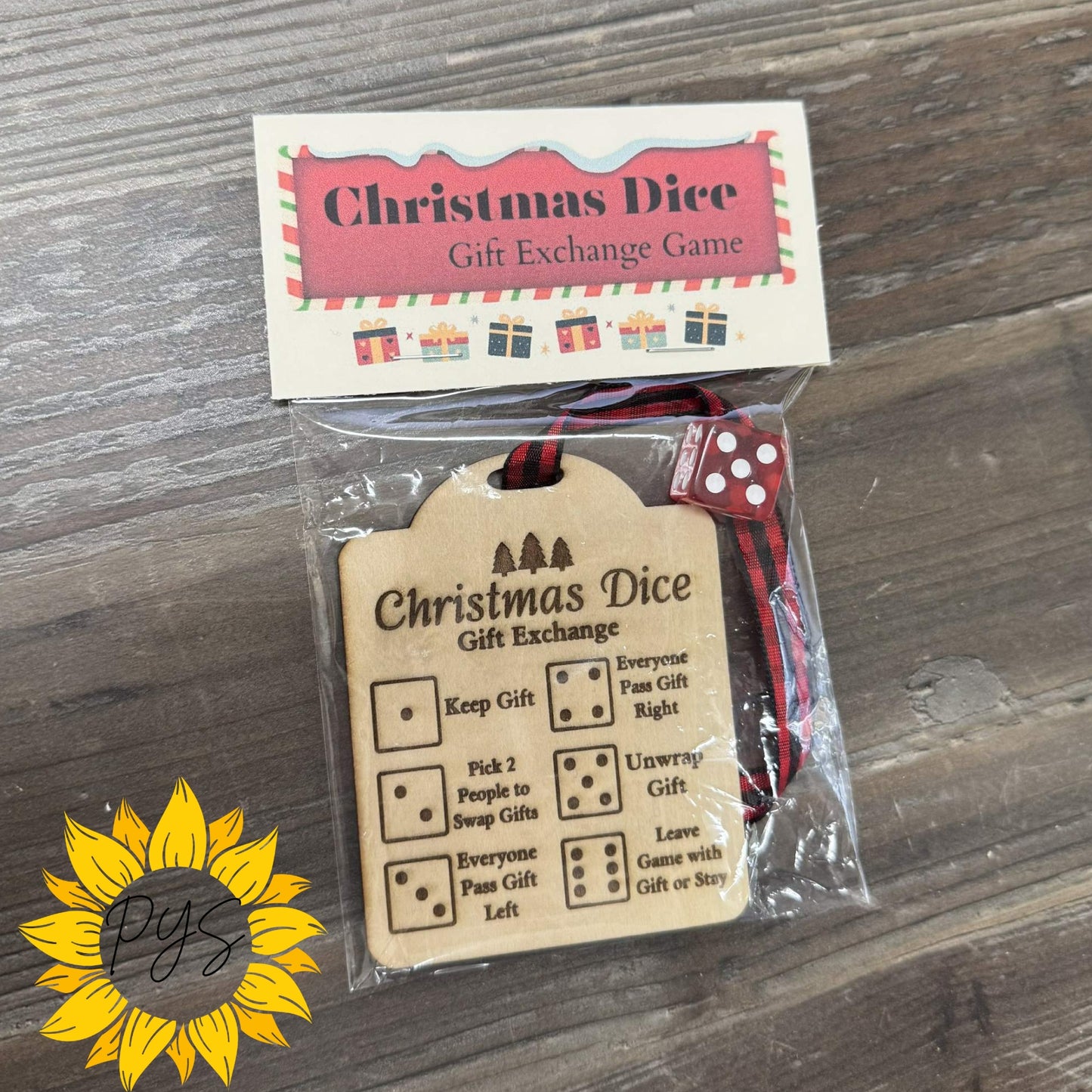 Christmas Gift Exchange with Red Dice | Holiday Party Ornament | Wood Ornament Game
