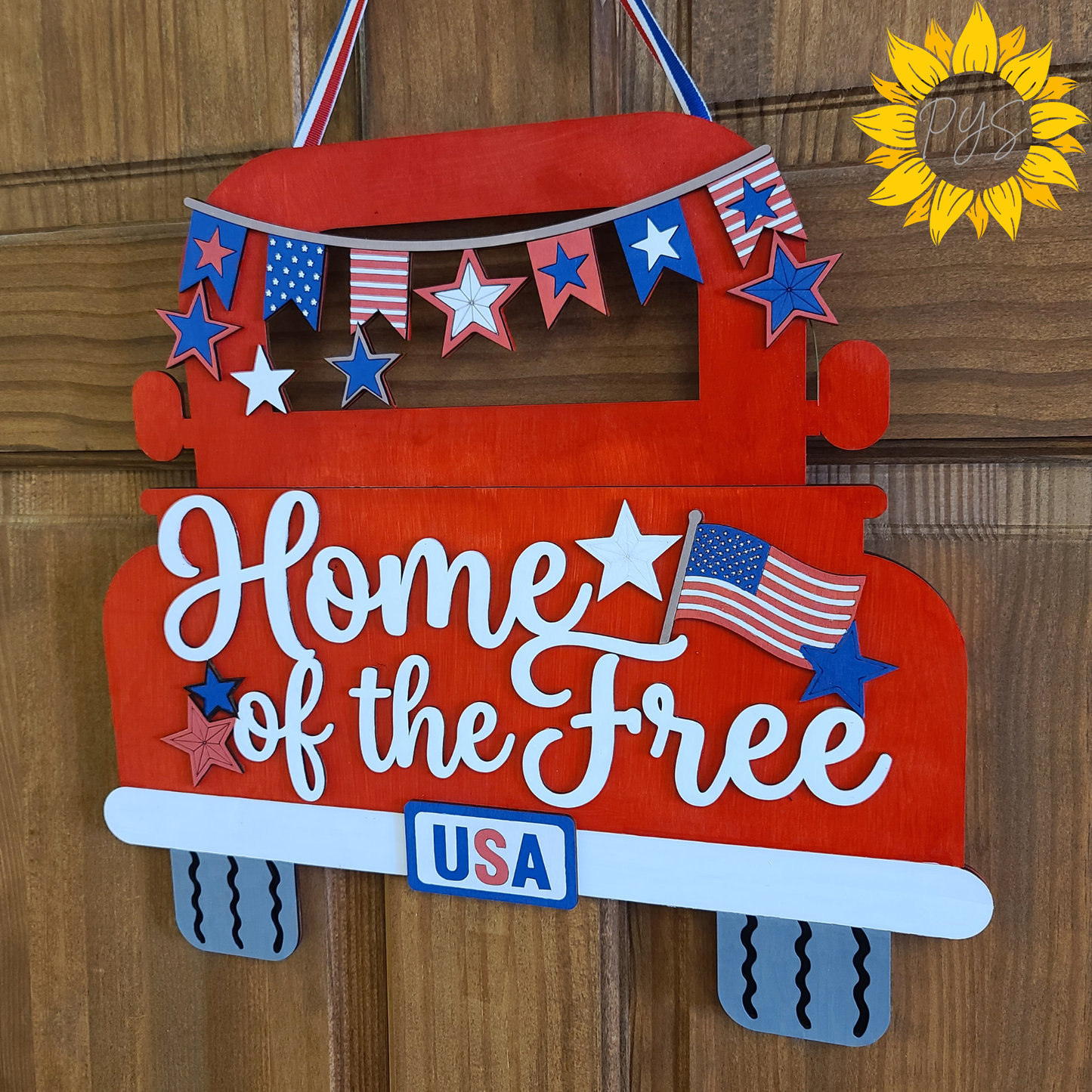 Home of the Free Patriotic Truck Door Hanger | Wooden Front Door Sign | Red White & Blue Americana Decor