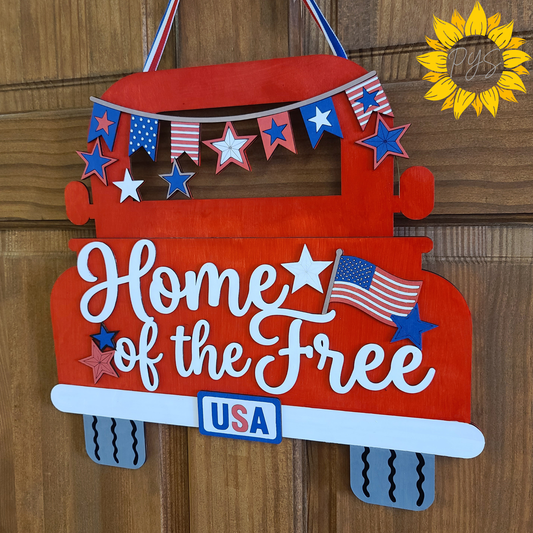 Home of the Free Patriotic Truck Door Hanger | Wooden Front Door Sign | Red White & Blue Americana Decor