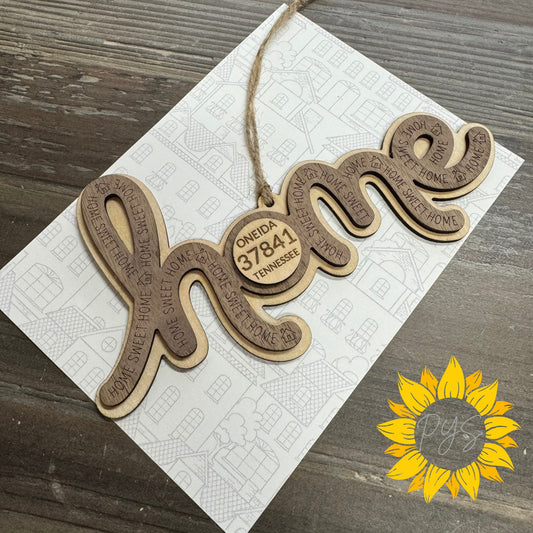 Custom Home Sweet Home Tag — Personalized Zip Code Wood Ornament + 5x7 Card