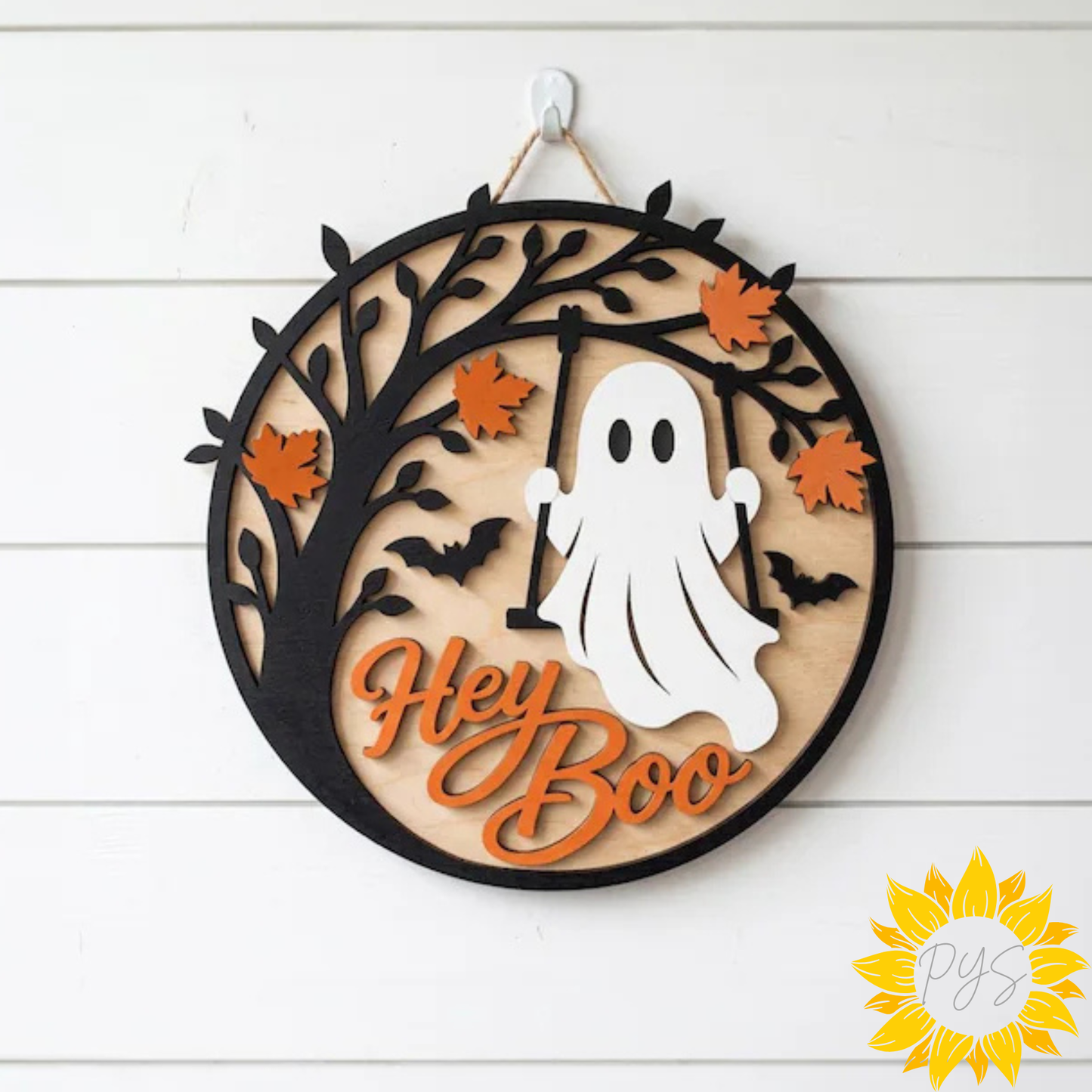 👻 15" Hey Boo Ghost Swing Halloween Door Hanger | Cute Spooky Wooden Sign | Fall Front Door Decor