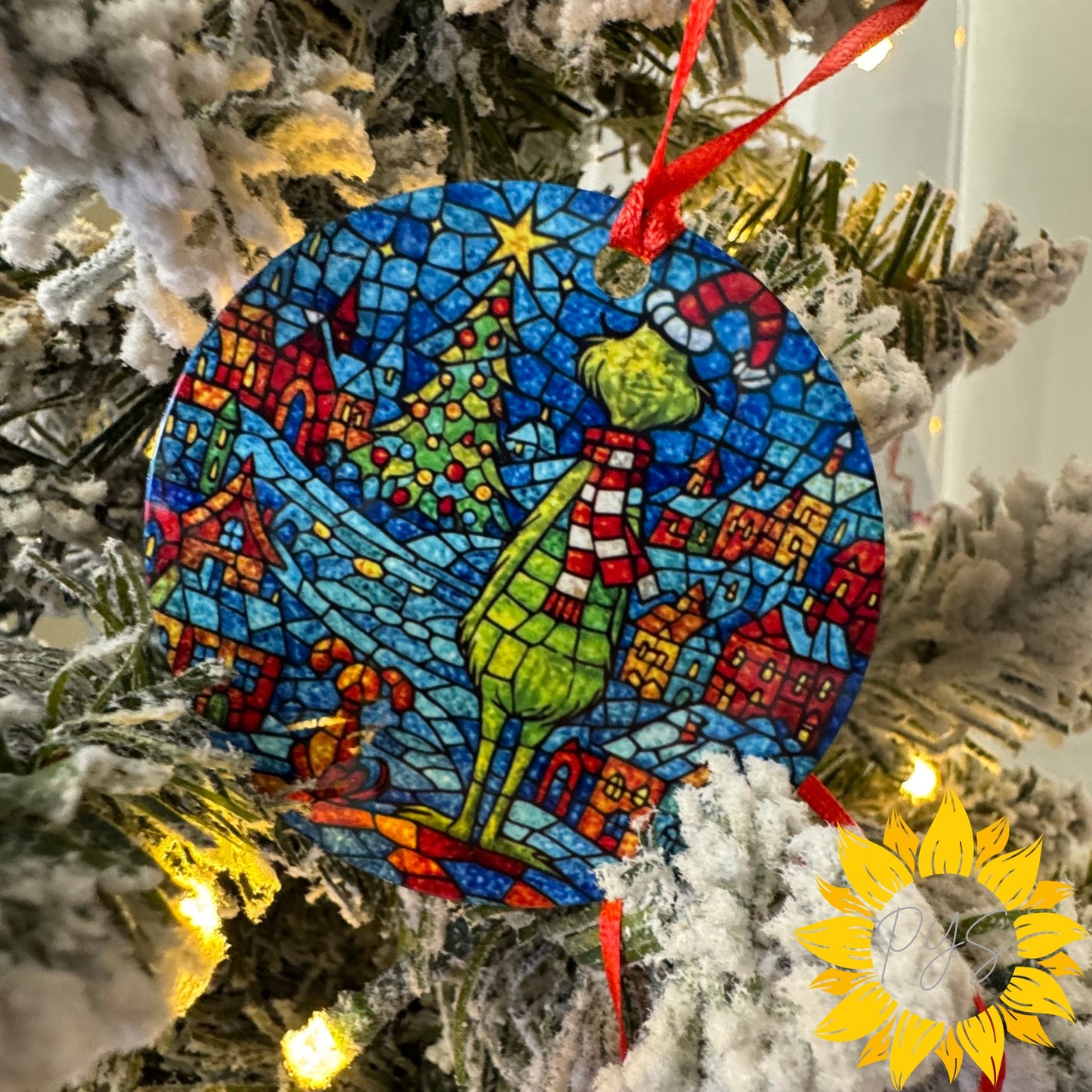 Stained Glass Grinch Double-Sided Metal Ornament – 3.5" Christmas Tree Decoration