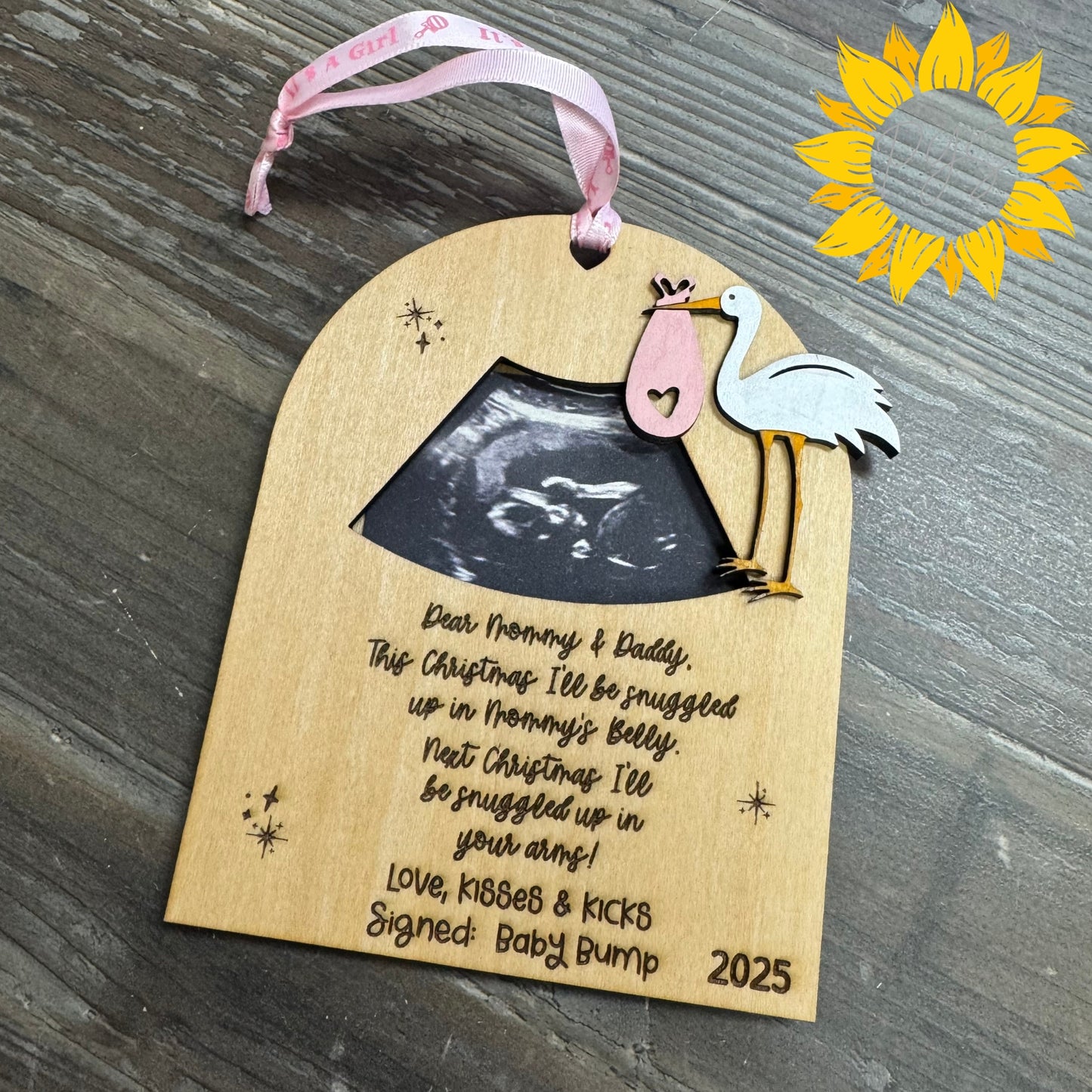 Baby Girl First Christmas Ultrasound Ornament/Tag — Personalized Stork Wood Keepsake with 5x7 Card (custom year)