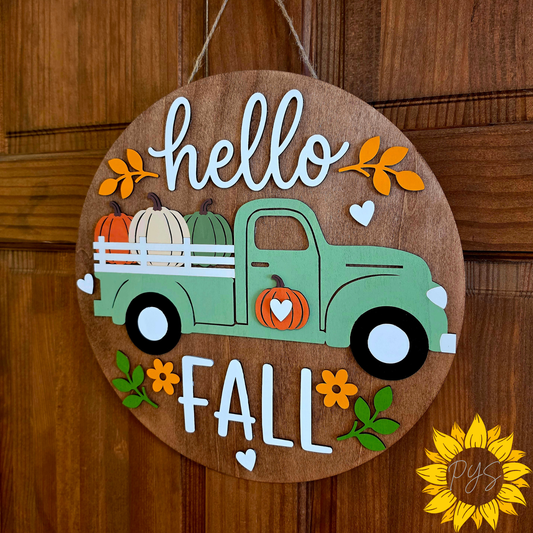 🍂 15" Hello Fall Vintage Truck Wooden Door Hanger | Pumpkin Front Door Sign | Farmhouse Autumn Decor