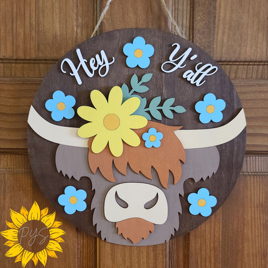 Hey Y’all Highland Cow Door Hanger 🐮 Farmhouse Floral Door Sign | Rustic Front Door Decor