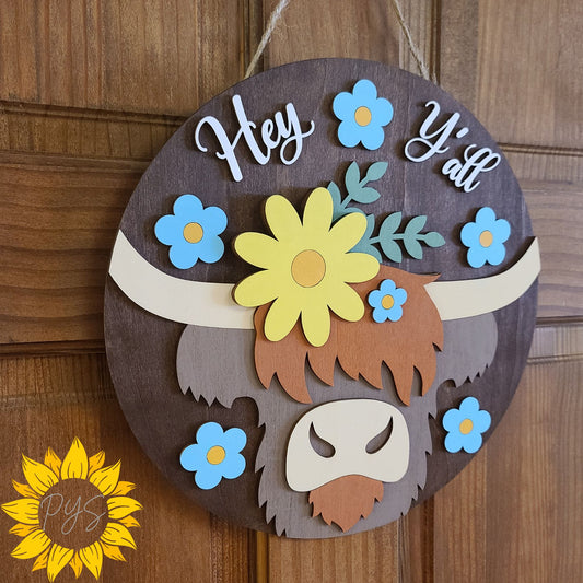 Hey Y’all Highland Cow Door Hanger 🐮 Farmhouse Floral Door Sign | Rustic Front Door Decor