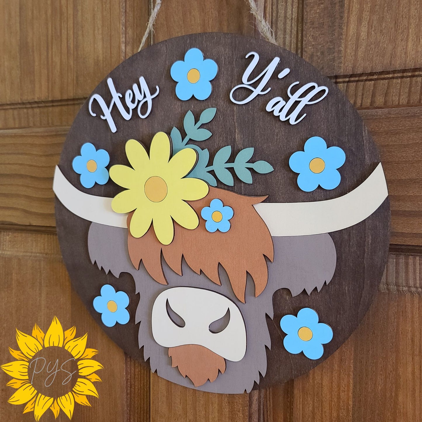 Hey Y’all Highland Cow Door Hanger 🐮 Farmhouse Floral Door Sign | Rustic Front Door Decor