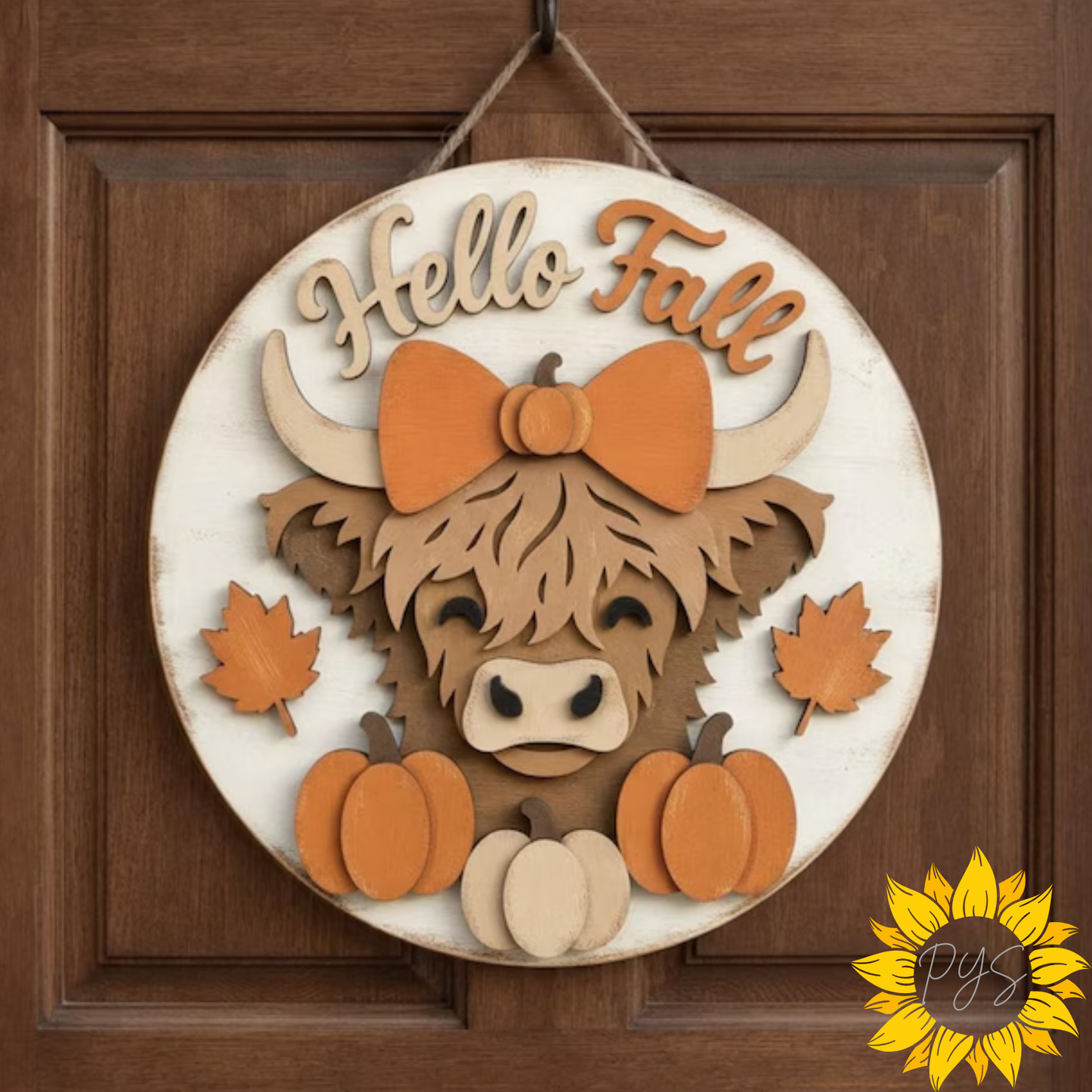 🍂 15" Hello Fall Highland Cow Door Hanger | Pumpkin Autumn Wooden Sign | Farmhouse Fall Decor